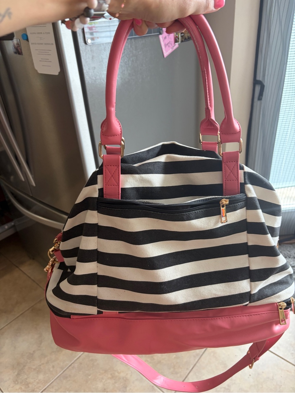 Striped Canvas Tote with Pink Accents